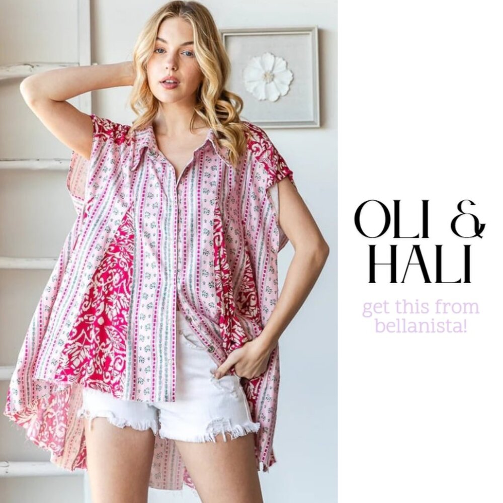 2160 OLI & HALI Pink Printed Flare Hem Button Up Swing Top